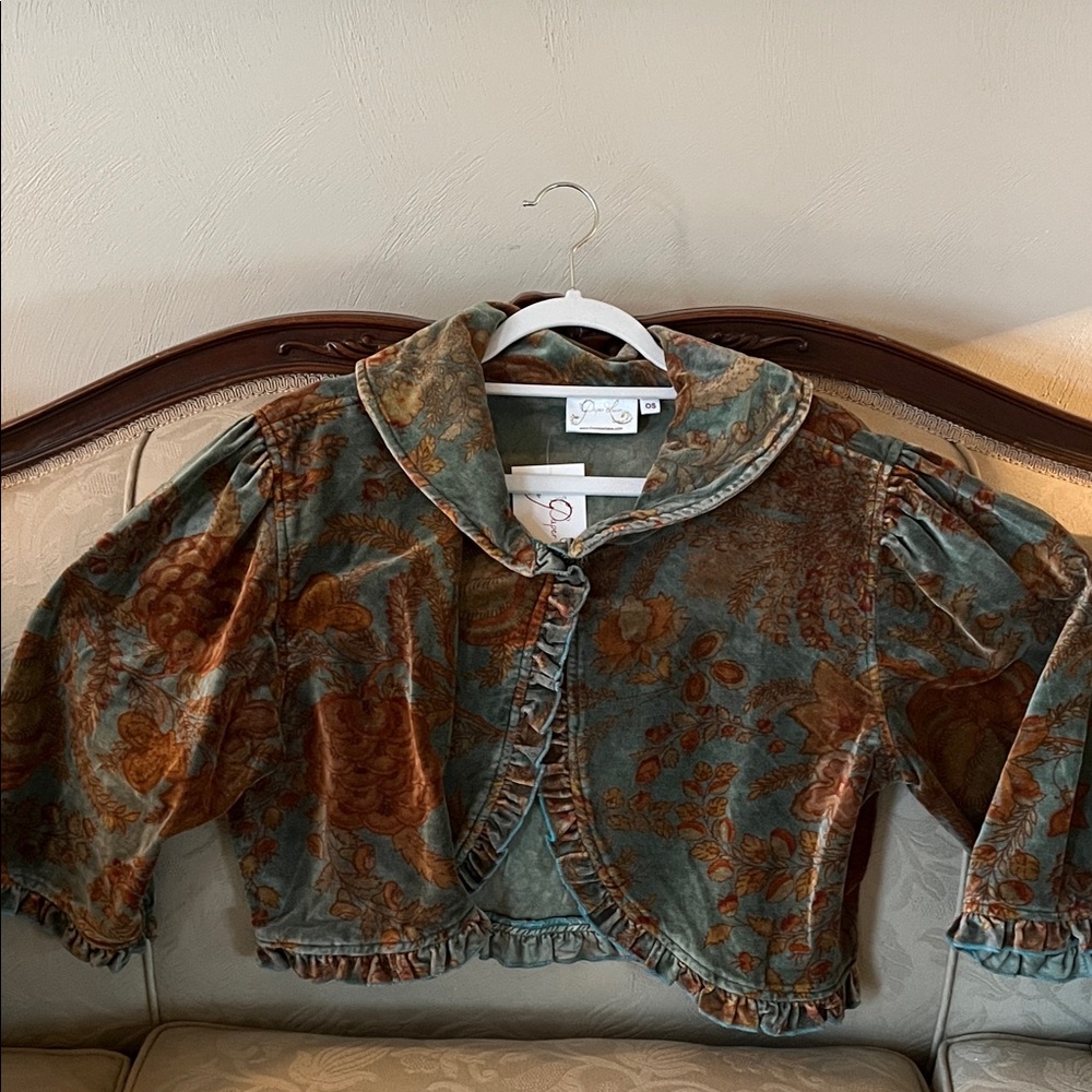 Paper Lace Floral Velvet Cropped Jacket in Teal and Brown